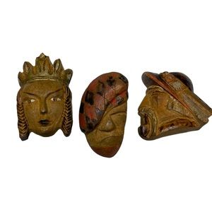 Vintage RARE Hand carved Wooden Tribal Like Brooches Set of 3